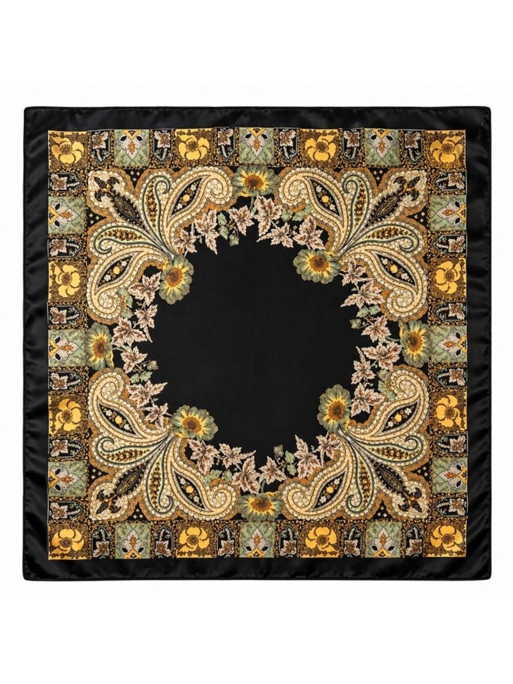 Luxury Paisley Floral Satin Scarf for Women  35” Square Black Gold Sage Green